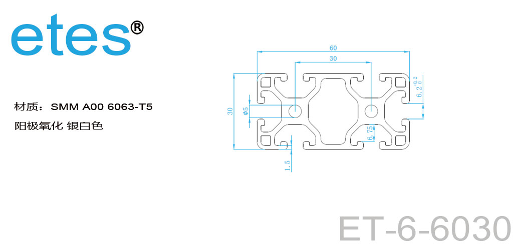 铝型材 6 系列 60x30, 氧化银白   ET-6-6030